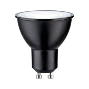 Schwarzes LED Leuchtmittel mit GU10-Sockel, seitliche Perspektive