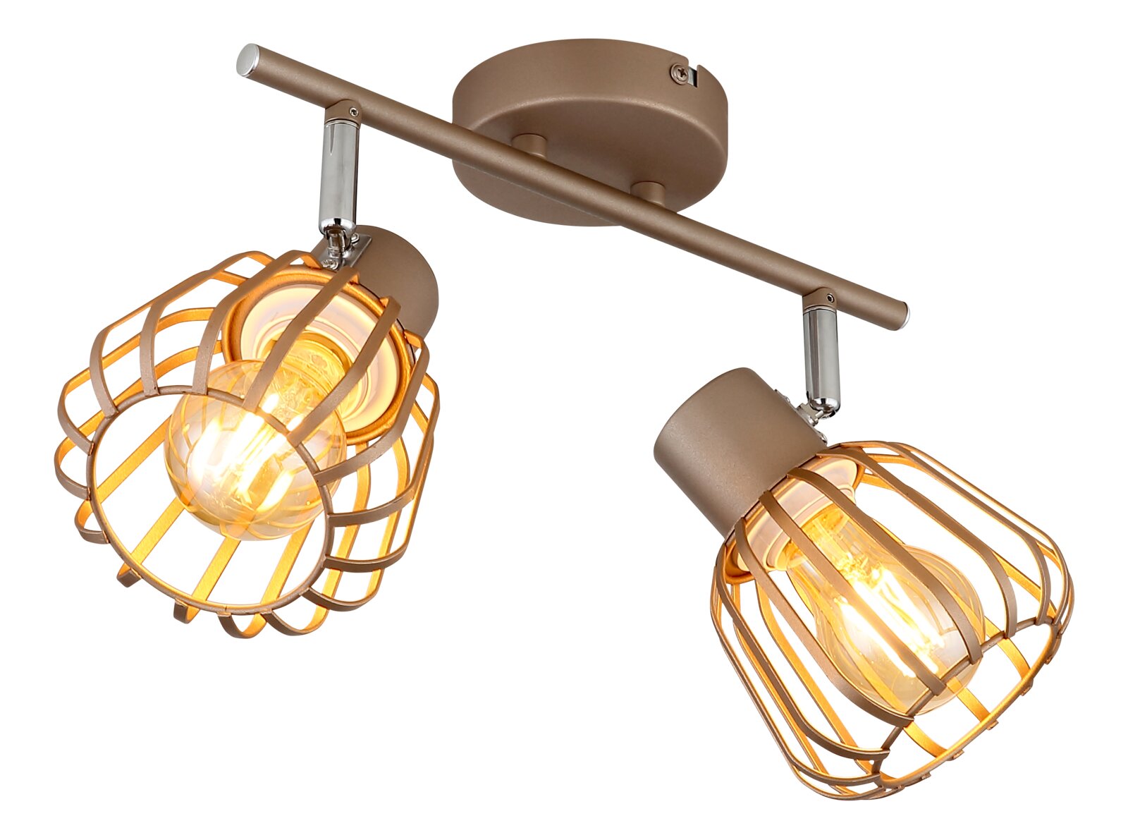 Zweiflammige Deckenleuchte im Industrial-Design mit bronzefarbenem Baldachin und Stange, zwei verstellbaren Spots mit goldfarbenen Drahtkäfig-Schirmen und sichtbaren Glühfaden-Leuchtmitteln, freigestellt auf Weiß, schräg von unten in Frontansicht