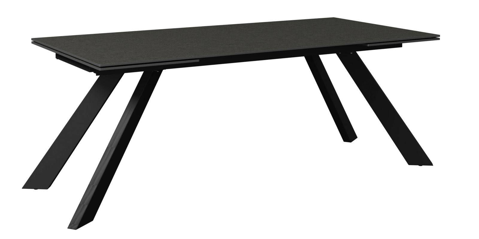 Moderner schwarzer Gartentisch mit schrägen Beinen, seitliche Perspektive