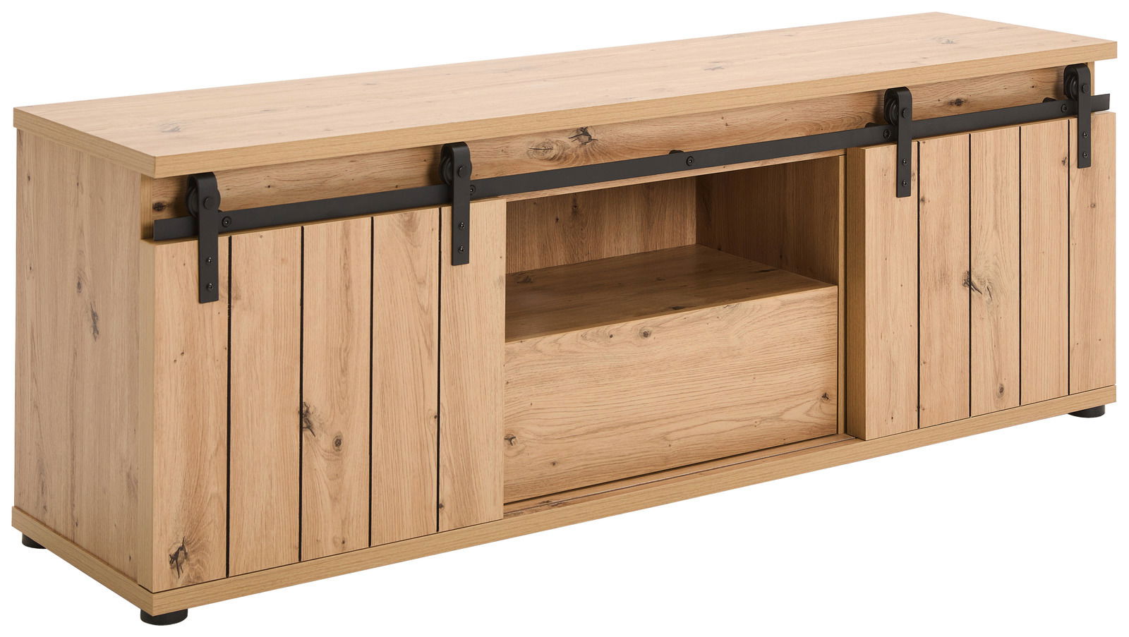 Holz-Lowboard mit Schiebetüren aus Metall, Frontansicht