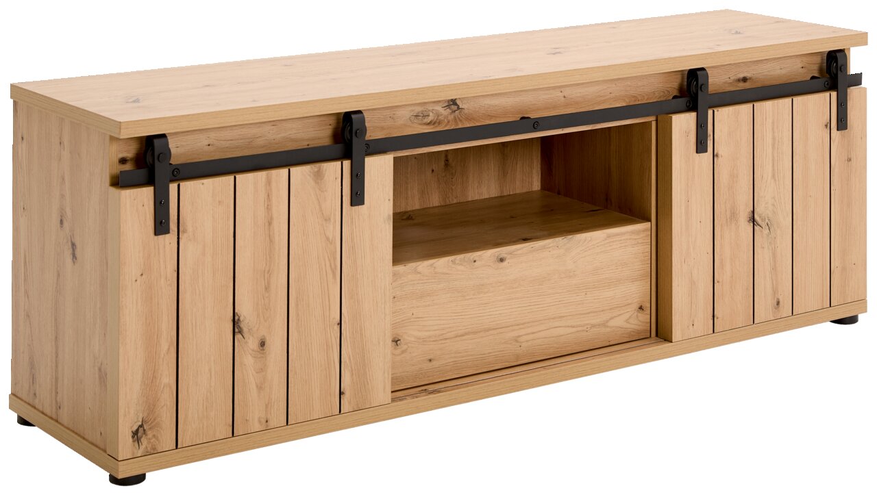 Holz-Lowboard mit Schiebetüren aus Metall, Frontansicht