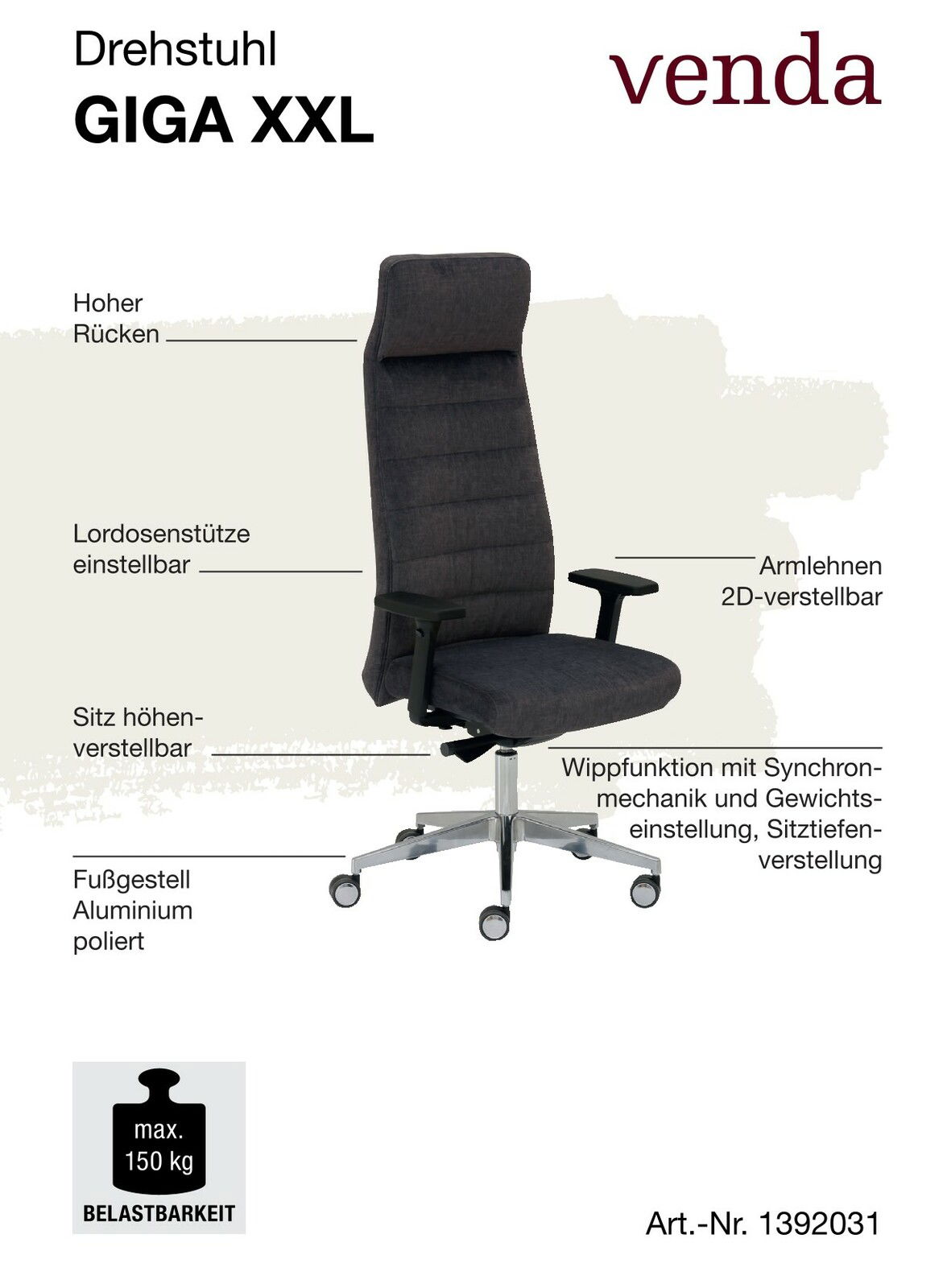 Drehstuhl GIGA XXL mit hohem Rücken, einstellbarer Lordosenstütze, 2D-verstellbaren Armlehnen, höhenverstellbarem Sitz, poliertem Aluminium-Fußgestell und Wippfunktion, seitliche Perspektive