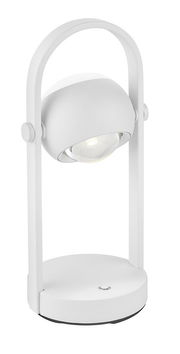 Weiße Akku-Tischleuchte Musterring CANNON, seitliche Perspektive, modernes Design mit rundem Sockel und schwenkbarem Leuchtkopf.
