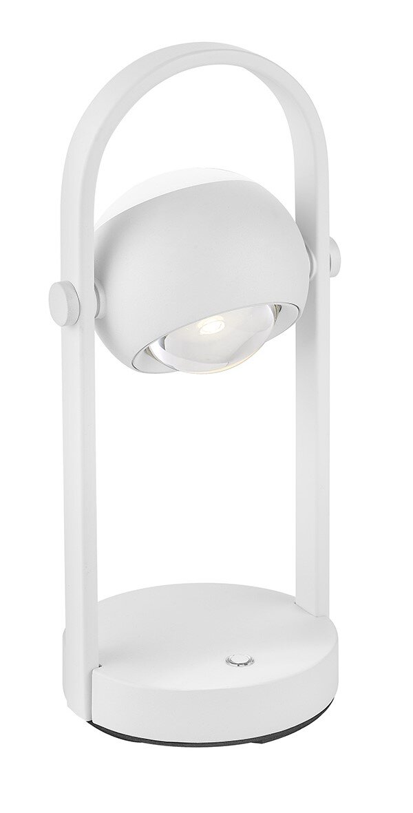 Witte accu-tafellamp Musterring CANNON, zijaanzicht, modern ontwerp met ronde voet en draaibare lampkop.