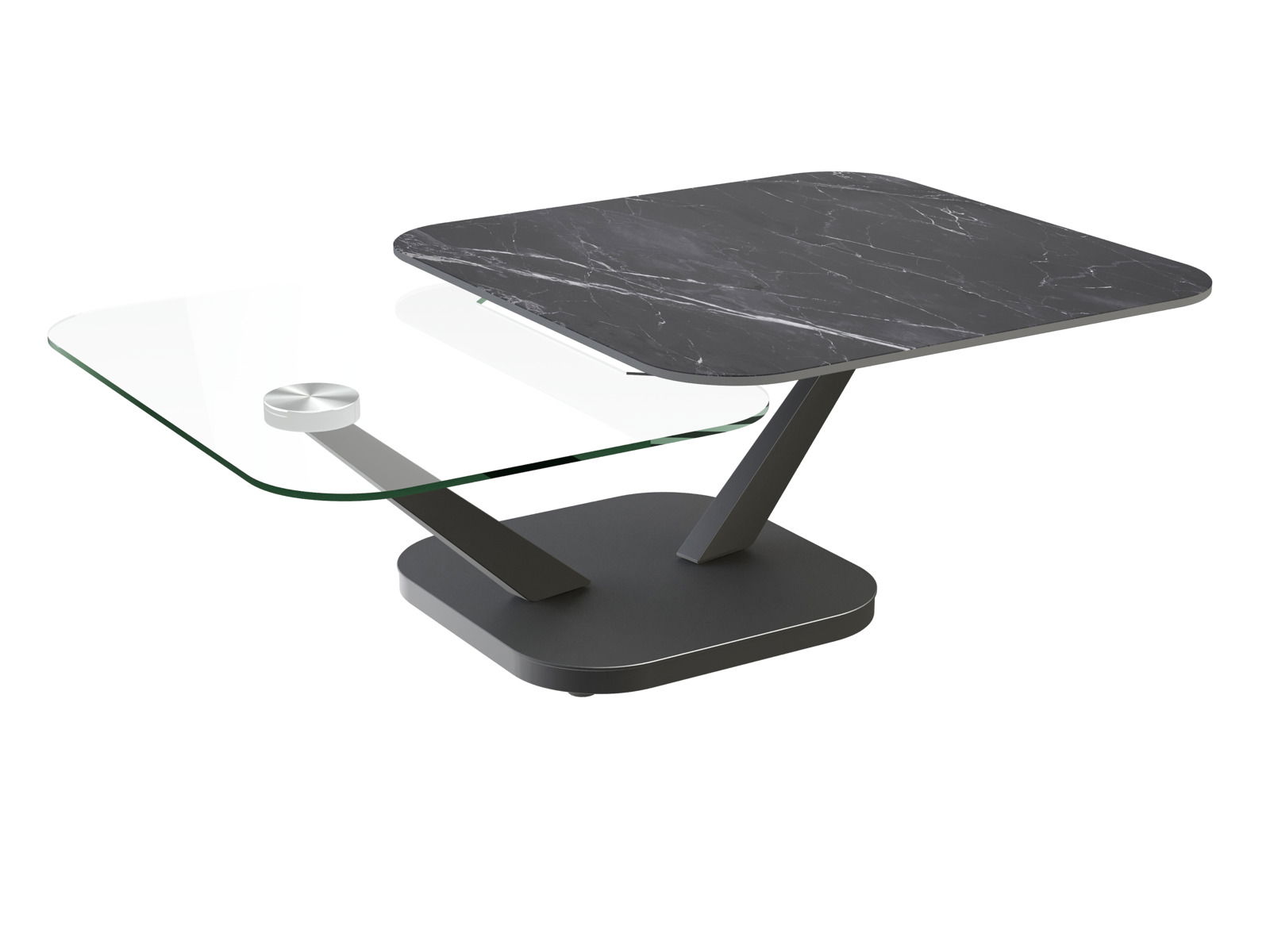 Moderner Couchtisch mit zwei versetzten Tischplatten, eine aus Glas und eine mit schwarzer Marmoroptik, seitliche Perspektive.