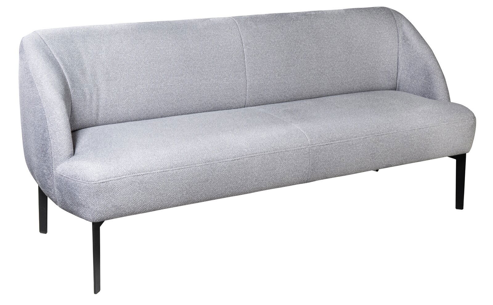 Moderano Bank CURVE Graue Bank mit geschwungenen Armlehnen und schwarzen Metallbeinen, seitliche Perspektive