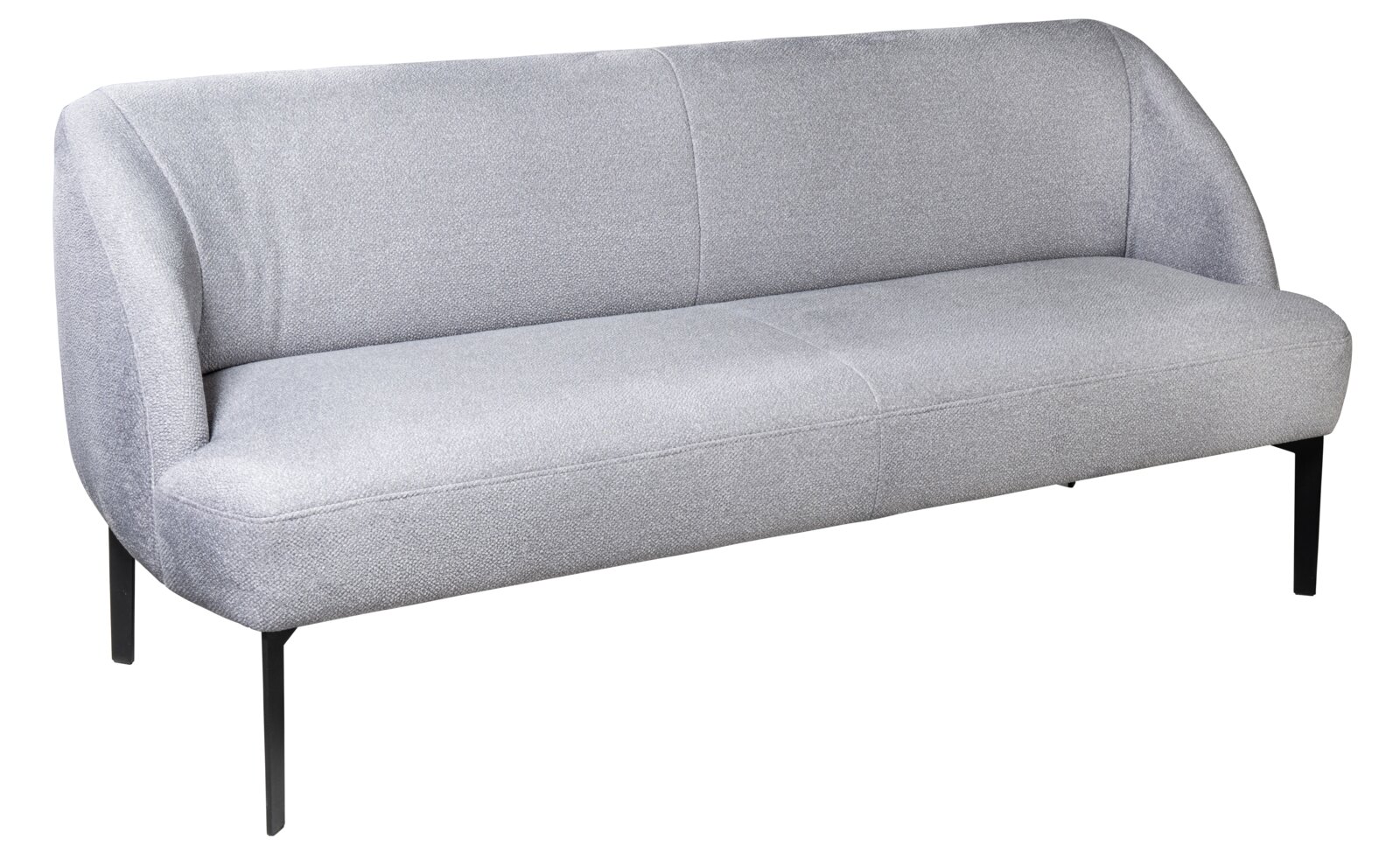 Moderano Bank CURVE Graue Bank mit geschwungenen Armlehnen und schwarzen Metallbeinen, seitliche Perspektive