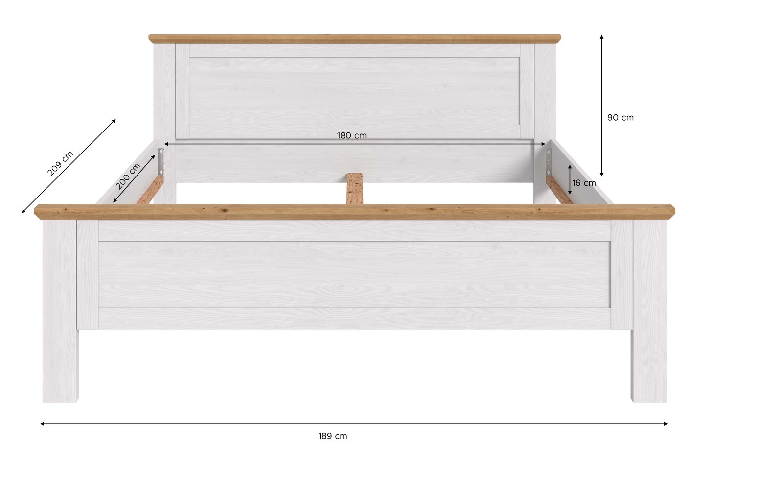 Weißes Holzbettgestell mit naturfarbener Oberkante, Frontansicht; Maße: Breite 189 cm, Liegefläche 180 x 200 cm, Höhe 90 cm, Einlegetiefe 16 cm.