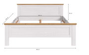 Weißes Holzbettgestell mit naturfarbener Oberkante, Frontansicht; Maße: Breite 189 cm, Liegefläche 180 x 200 cm, Höhe 90 cm, Einlegetiefe 16 cm.
