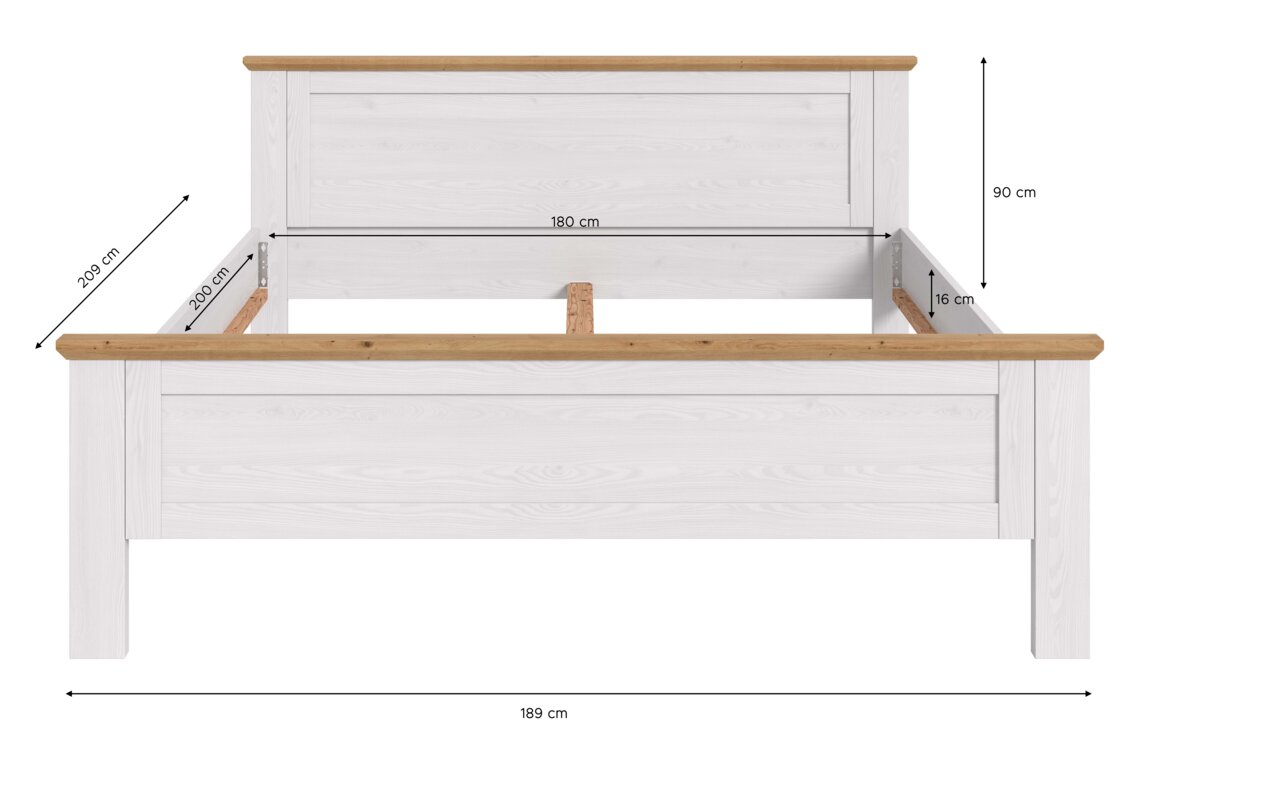 Weißes Holzbettgestell mit naturfarbener Oberkante, Frontansicht; Maße: Breite 189 cm, Liegefläche 180 x 200 cm, Höhe 90 cm, Einlegetiefe 16 cm.
