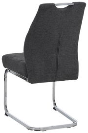 Rückansicht eines modernen Schwingstuhls mit grauem Stoffbezug und verchromtem Gestell.