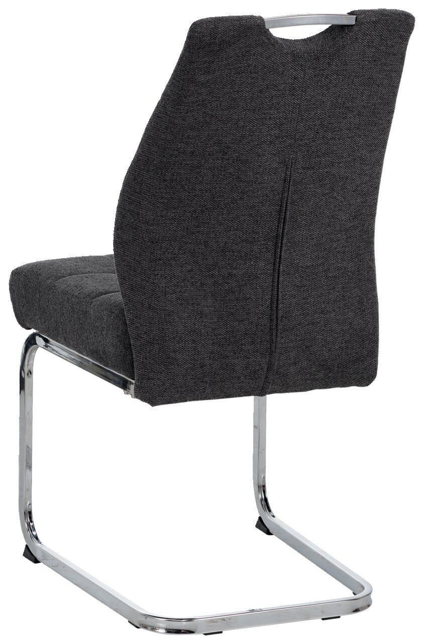 Rückansicht eines modernen Schwingstuhls mit grauem Stoffbezug und verchromtem Gestell.