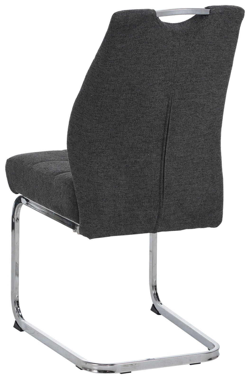 Rückansicht eines modernen Schwingstuhls mit grauem Stoffbezug und verchromtem Gestell.