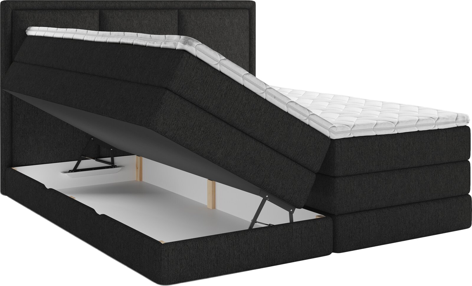 Zwart gestoffeerd boxspringbed met wit topmatras en omhooggeklapte bedbodem die de ruime opbergruimte toont, schuin van voren gezien