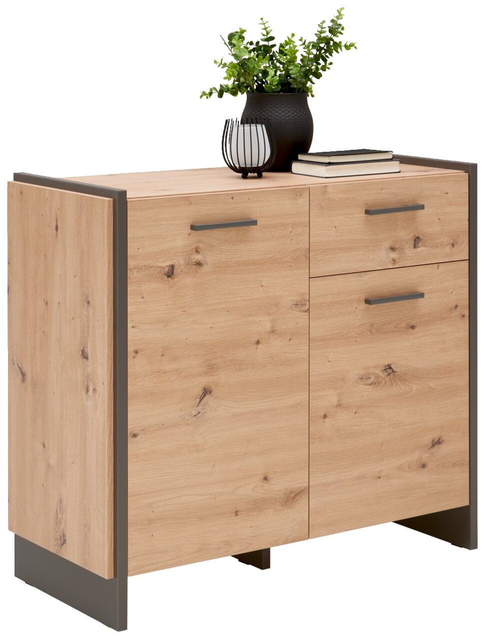 Kommode aus Holz mit zwei Türen und zwei Schubladen, dekoriert mit einer Pflanze und Büchern, seitliche Perspektive
