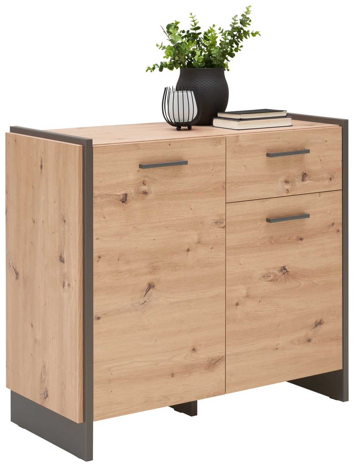 Kommode aus Holz mit zwei Türen und zwei Schubladen, dekoriert mit einer Pflanze und Büchern, seitliche Perspektive