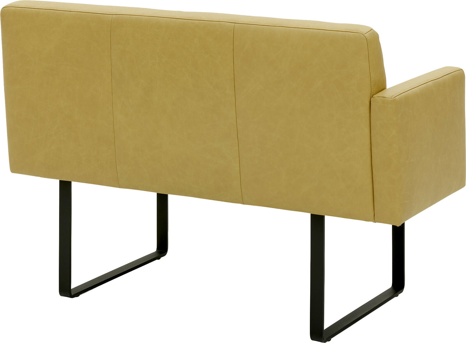 Rückansicht einer gelben Bank mit linker Armlehne und schwarzen Metallbeinen.