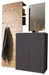 Garderobenkombination VICENZA in Holzoptik mit Haken, Spiegel und Stauraum, seitliche Perspektive