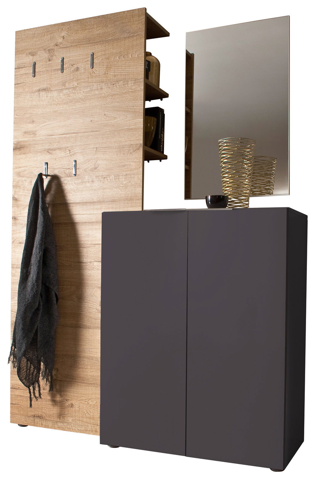 Garderobenkombination VICENZA in Holzoptik mit Haken, Spiegel und Stauraum, seitliche Perspektive