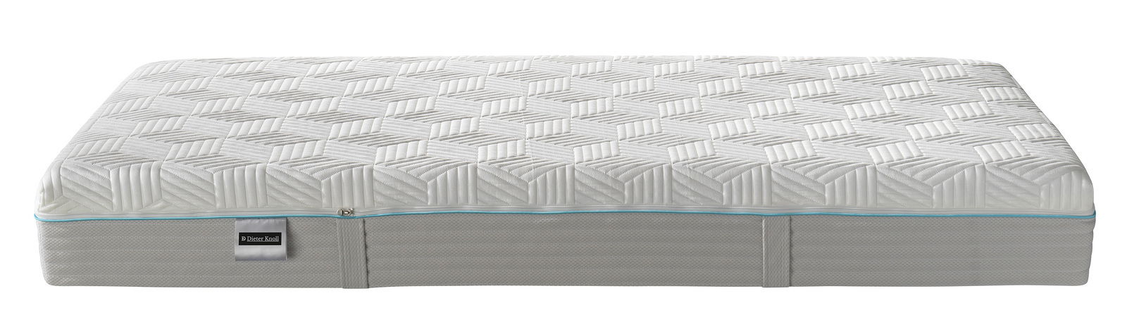 Seitliche Ansicht einer Gel-Taschenfederkernmatratze mit geometrischem Muster und einem blauen Reißverschluss.