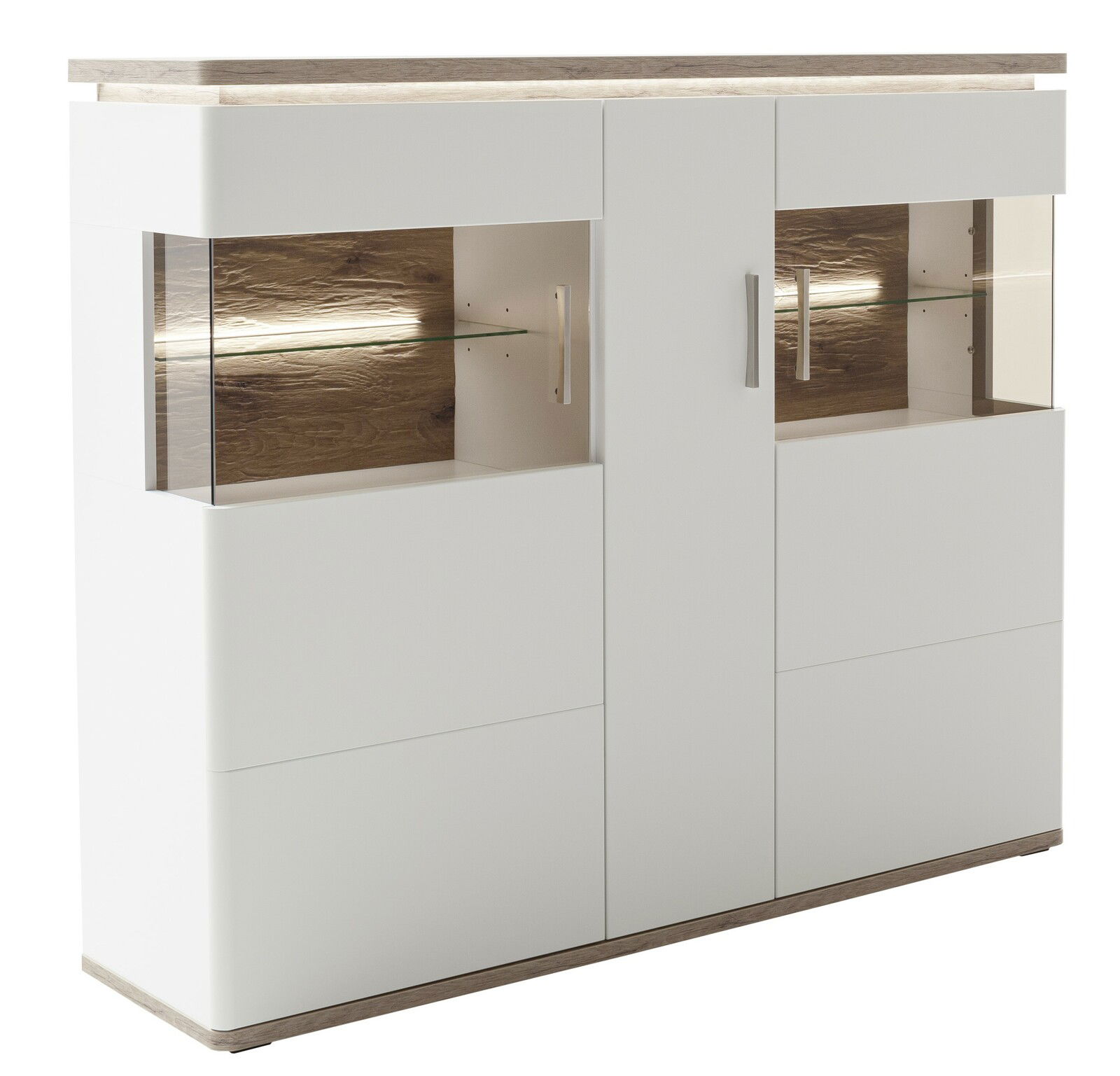 Modernes Highboard in Weiß mit Holzdetails und Glaseinsätzen, seitliche Perspektive