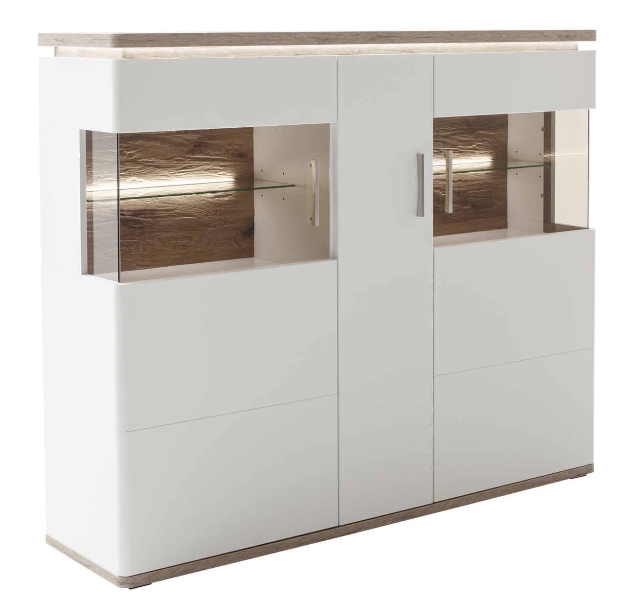 Zurbrüggen Highboard PALERMO Modernes Highboard in Weiß mit Holzdetails und Glaseinsätzen, seitliche Perspektive