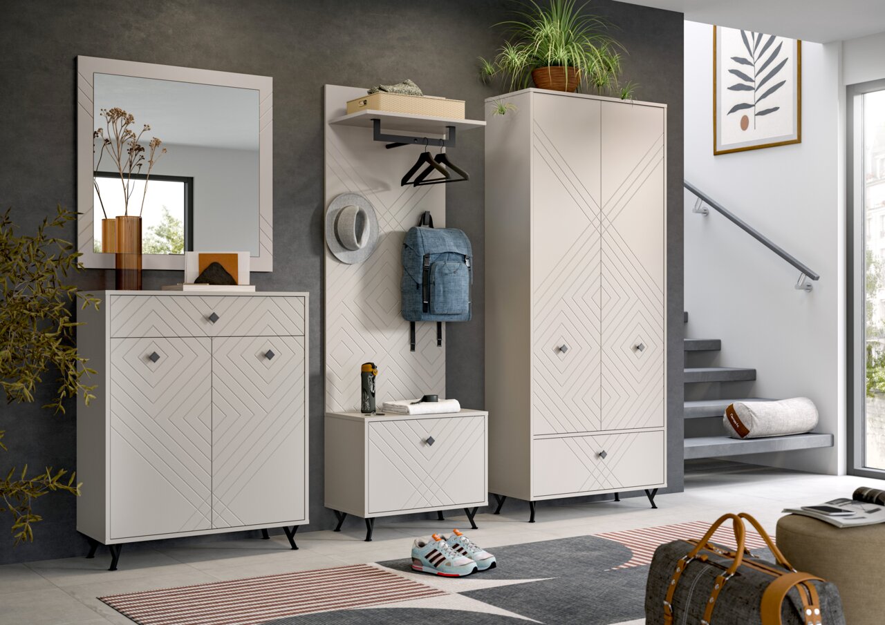 MID.YOU Sitzbank NOTES Moderne Garderobenkombination in einem Flur mit Spiegel, Schuhkommode, Garderobenpaneel und Garderobenschrank in geometrischem Design, seitliche Perspektive.