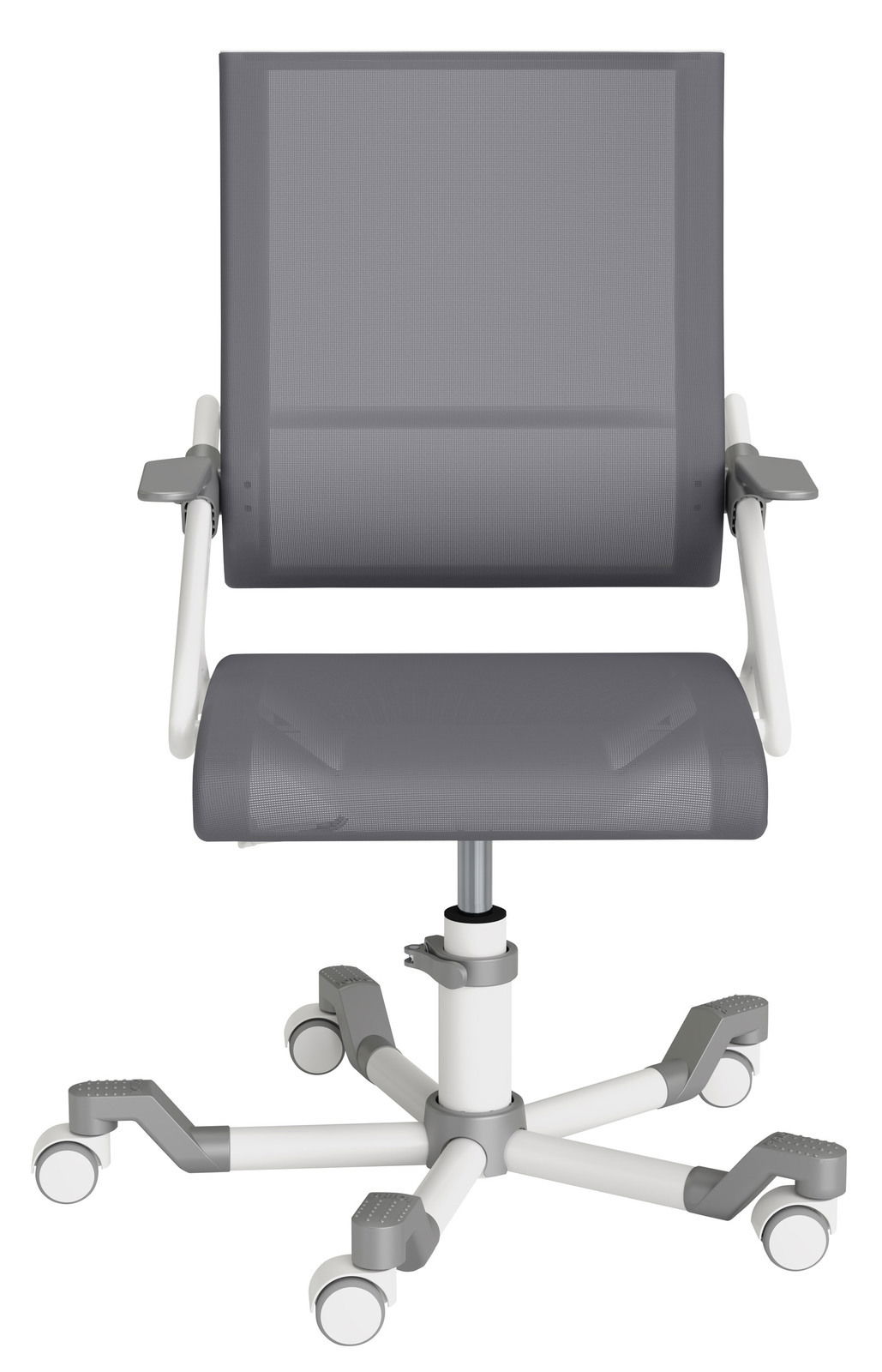 Moderner Bürostuhl mit Netzrückenlehne und Rollen, Frontalansicht