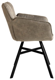 Seitenansicht eines Armlehnstuhls der Serie FRISCO von Musterring mit schwarzem Metallgestell und gepolstertem Sitz in grauer Farbe.