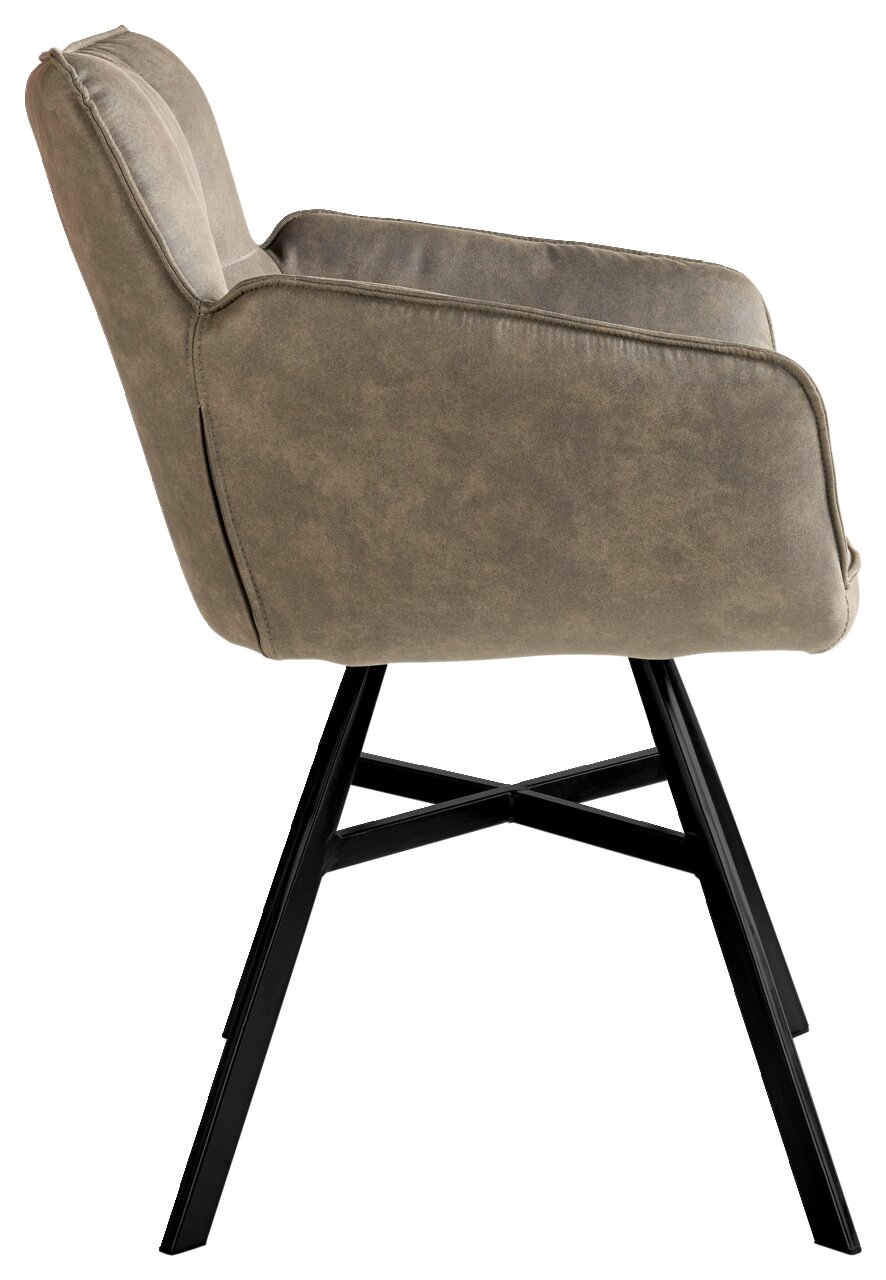 Seitenansicht eines Armlehnstuhls der Serie FRISCO von Musterring mit schwarzem Metallgestell und gepolstertem Sitz in grauer Farbe.