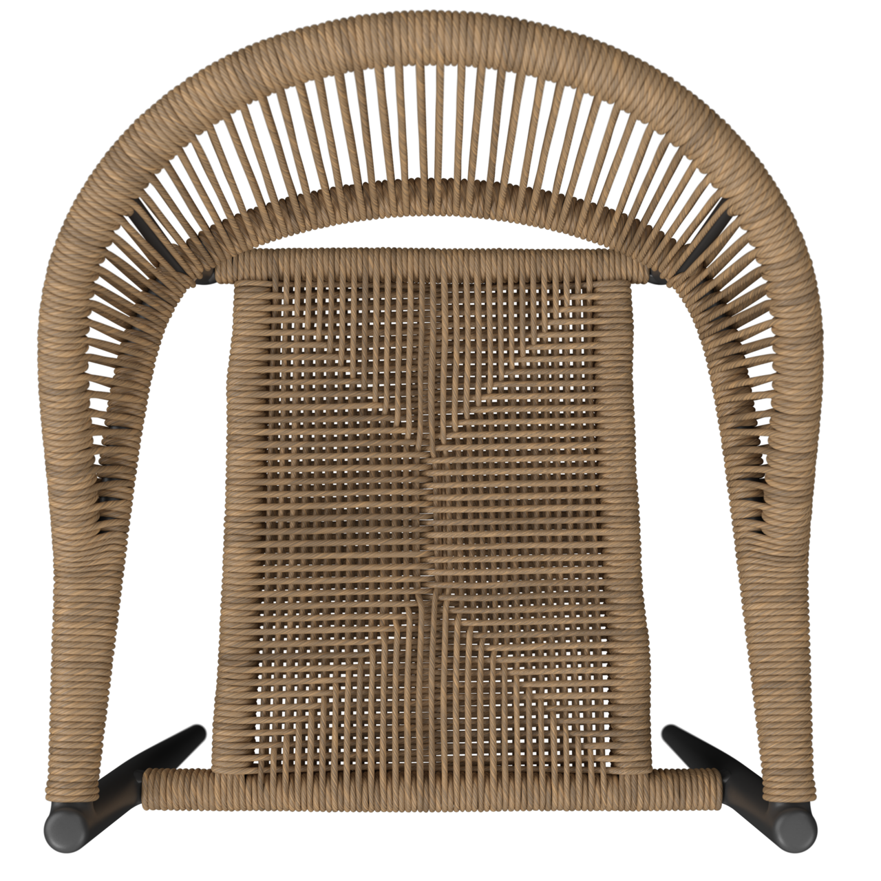 Stapelsessel aus Rattan, von oben betrachtet, mit gebogenem Rückenlehnen-Design.