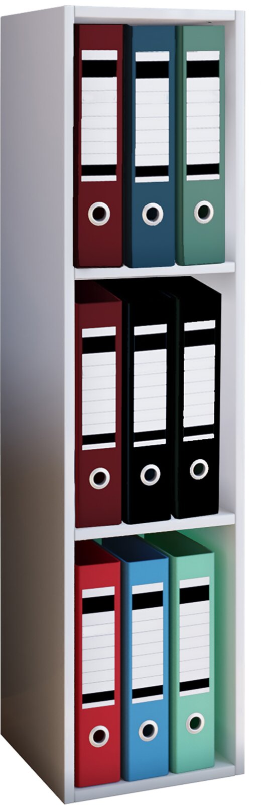 VCM Büroregal OFFAS Weißes Büroregal mit drei Fächern, gefüllt mit farbigen Ordnern (rot, blau, grün, schwarz) mit Beschriftungsfeldern, in leichter Schrägansicht von vorne.