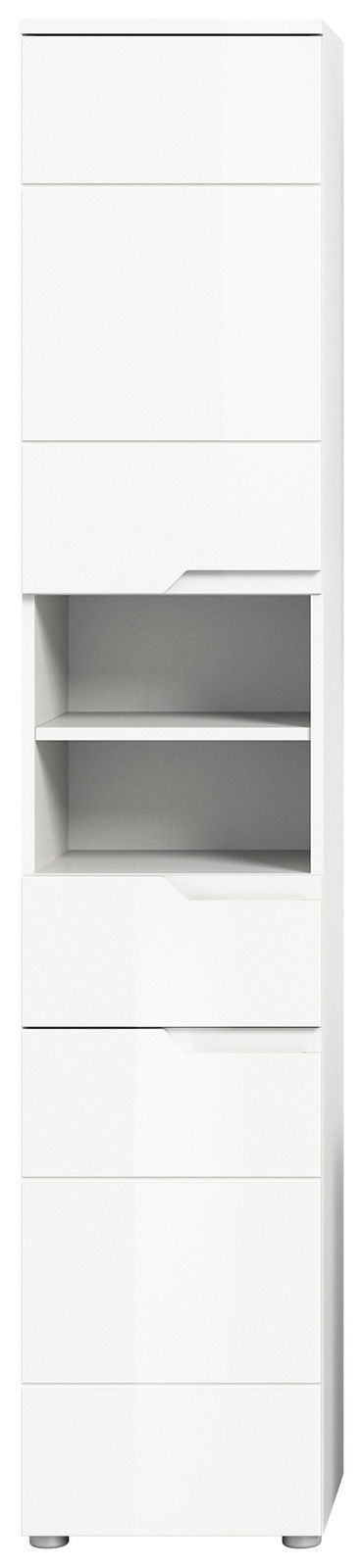 Weißer Hochschrank mit mehreren Schubladen und offenen Regalfächern, Frontalansicht