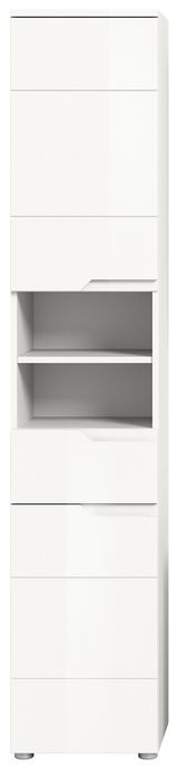 Weißer Hochschrank mit mehreren Schubladen und offenen Regalfächern, Frontalansicht