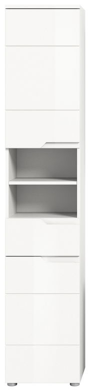 Weißer Hochschrank mit mehreren Schubladen und offenen Regalfächern, Frontalansicht