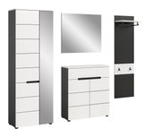 Modernes Flur-Garderoben-Set in Weiß und Anthrazit mit Hochschrank, Schuhkommode, Wandspiegel und Garderobenpaneel mit Ablage und Haken, dargestellt in frontaler Ansicht