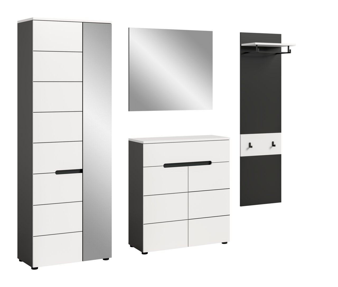 Modernes Flur-Garderoben-Set in Weiß und Anthrazit mit Hochschrank, Schuhkommode, Wandspiegel und Garderobenpaneel mit Ablage und Haken, dargestellt in frontaler Ansicht