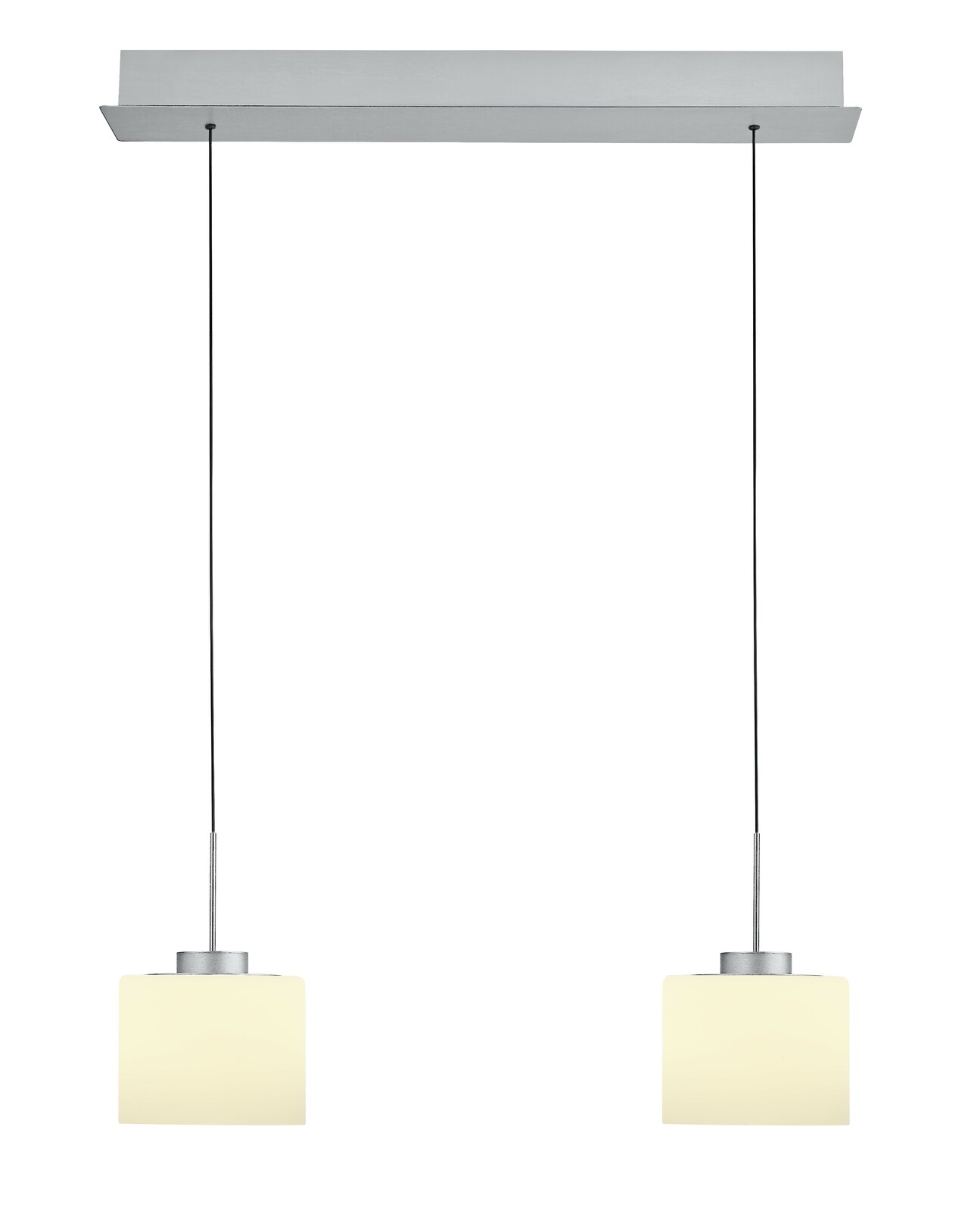 Hell LED-Pendelleuchte ABBY Zweiflammige LED-Pendelleuchte mit rechteckigem Baldachin, frontal betrachtet.
