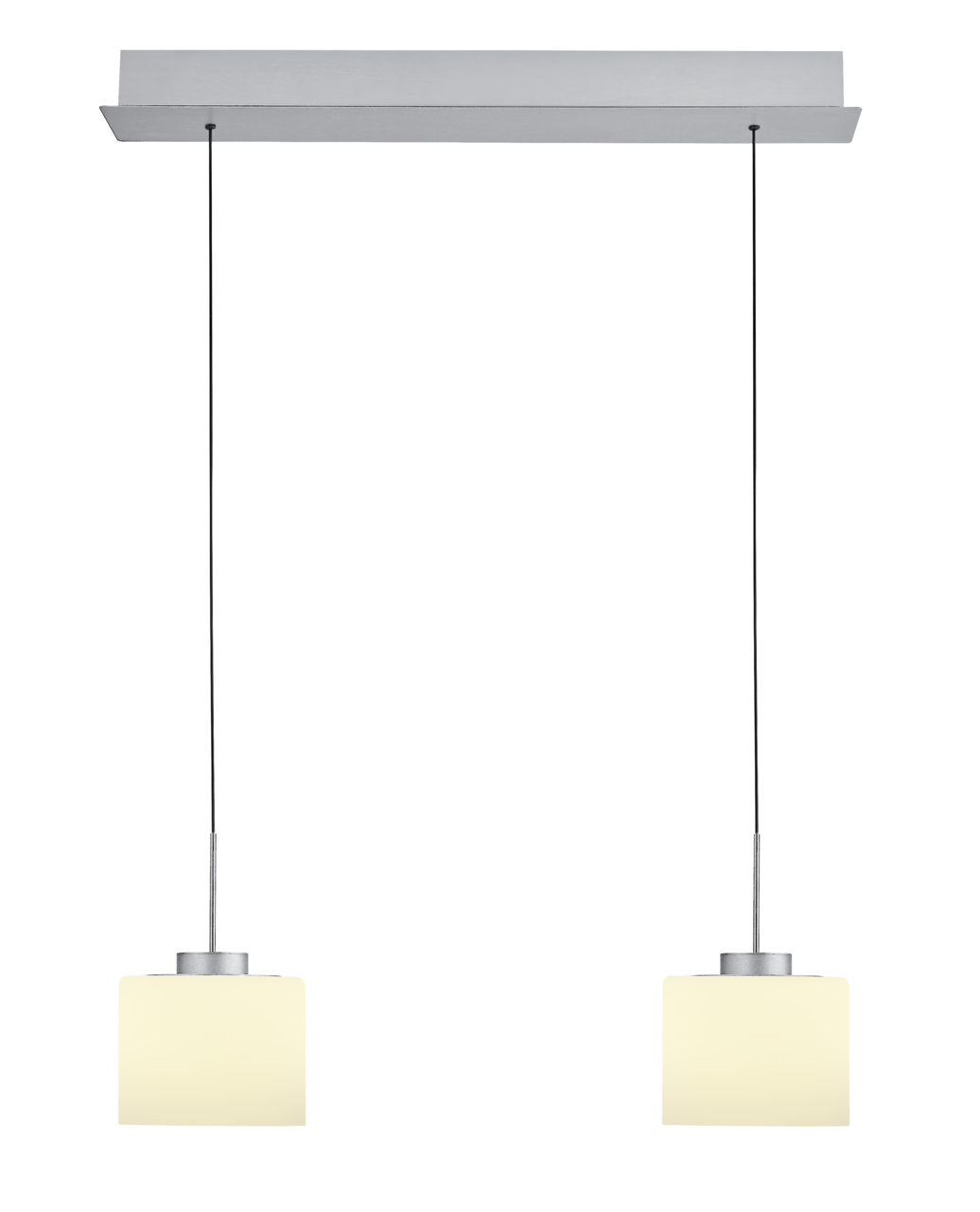 Hell LED-Pendelleuchte ABBY Zweiflammige LED-Pendelleuchte mit rechteckigem Baldachin, frontal betrachtet.