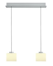 Zweiflammige LED-Pendelleuchte mit rechteckigem Baldachin, frontal betrachtet.