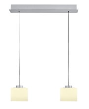 Zweiflammige LED-Pendelleuchte mit rechteckigem Baldachin, frontal betrachtet.