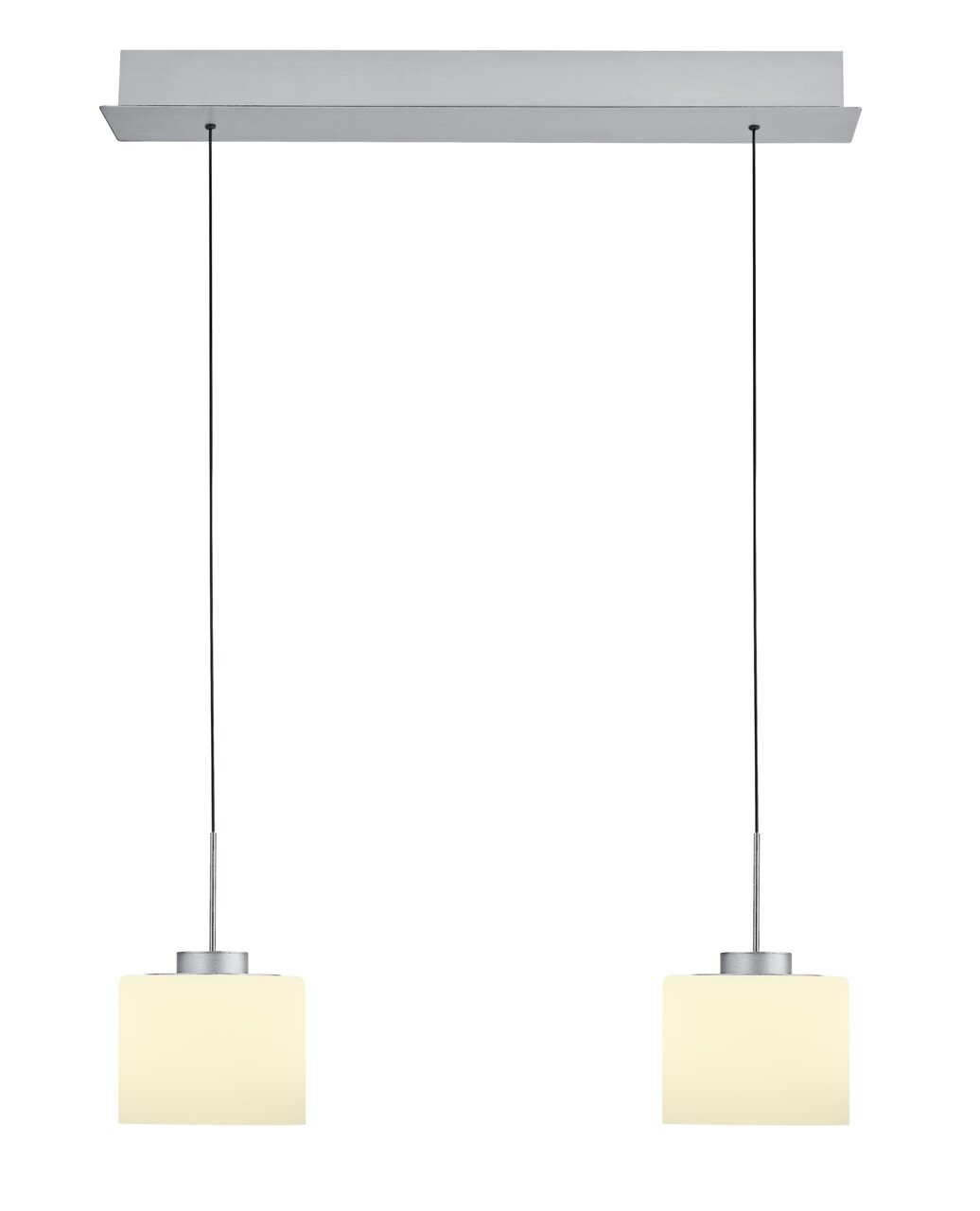 Zweiflammige LED-Pendelleuchte mit rechteckigem Baldachin, frontal betrachtet.