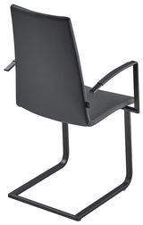 Rückansicht eines modernen schwarzen Freischwinger-Stuhls mit Armlehnen und Metallgestell.