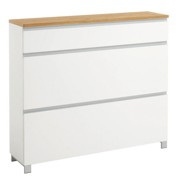 VOSS Schuhschrank SALEA Weißer Schuhschrank mit drei Schubladen und Holzoberfläche, seitliche Perspektive