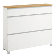 Weißer Schuhschrank mit drei Schubladen und Holzoberfläche, seitliche Perspektive