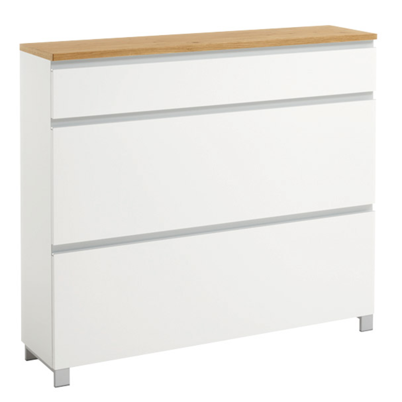 VOSS Schuhschrank SALEA Weißer Schuhschrank mit drei Schubladen und Holzoberfläche, seitliche Perspektive