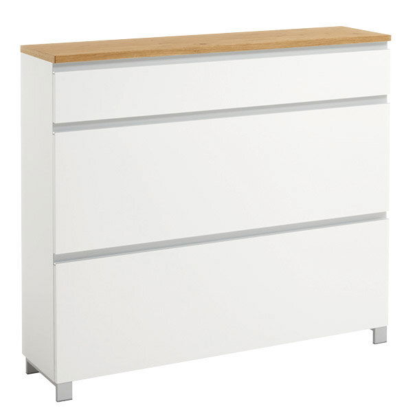 Weißer Schuhschrank mit drei Schubladen und Holzoberfläche, seitliche Perspektive