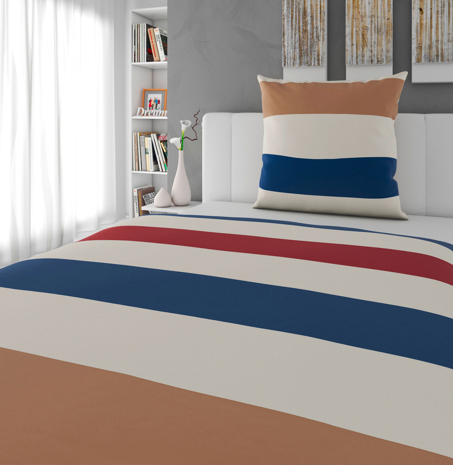 Wendebettwäsche mit breiten Streifen in Braun, Weiß, Blau und Rot auf einem Bett, fotografiert aus einer seitlichen Perspektive.