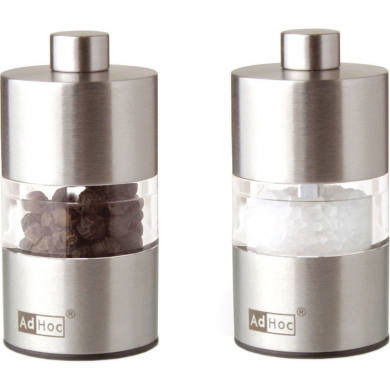 Set aus Pfeffer- und Salzmühle aus Edelstahl mit transparentem Mittelteil, Vorderansicht.