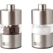 Set aus Pfeffer- und Salzmühle aus Edelstahl mit transparentem Mittelteil, Vorderansicht.